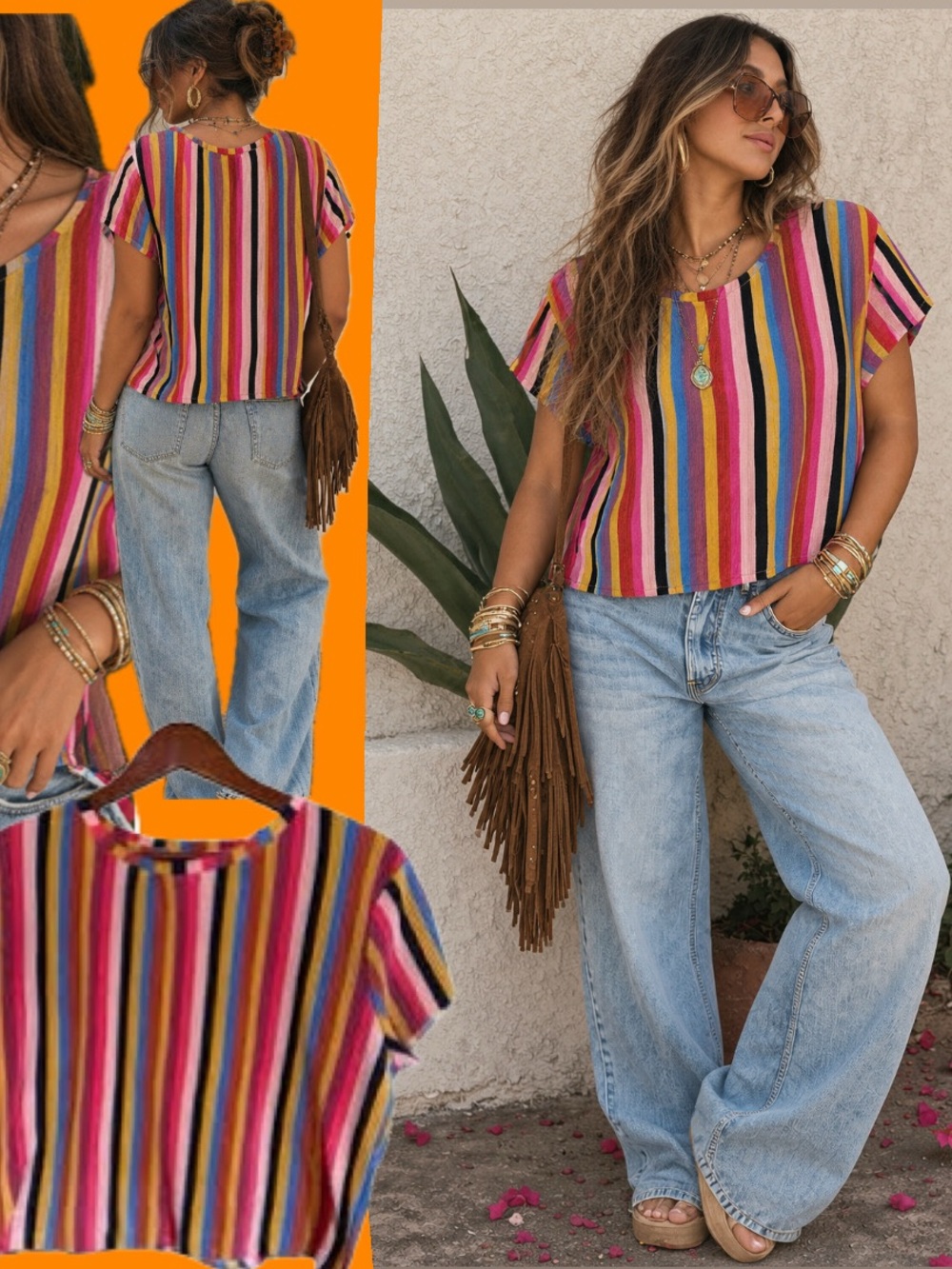 wild fable Multicolor Vertical Stripe Short Sleeve Top